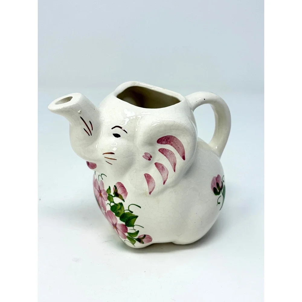 Cash Family Hand Painted Elephant Creamer Erwin Tennessee Pottery Pink Floral
